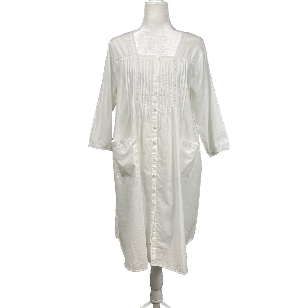 Artisan The White Cotton Gown Womens L Nightgown Button Front Square Neck Lace